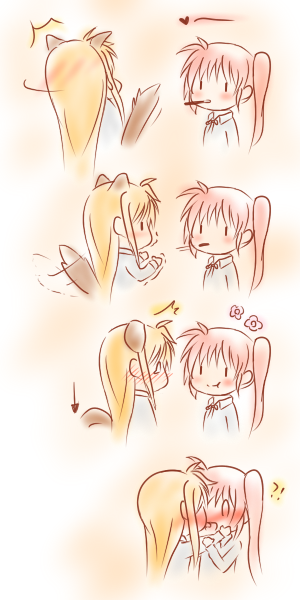 4koma, animal_ears, blonde_hair, blush, chibi, comic, fate_testarossa, flower
