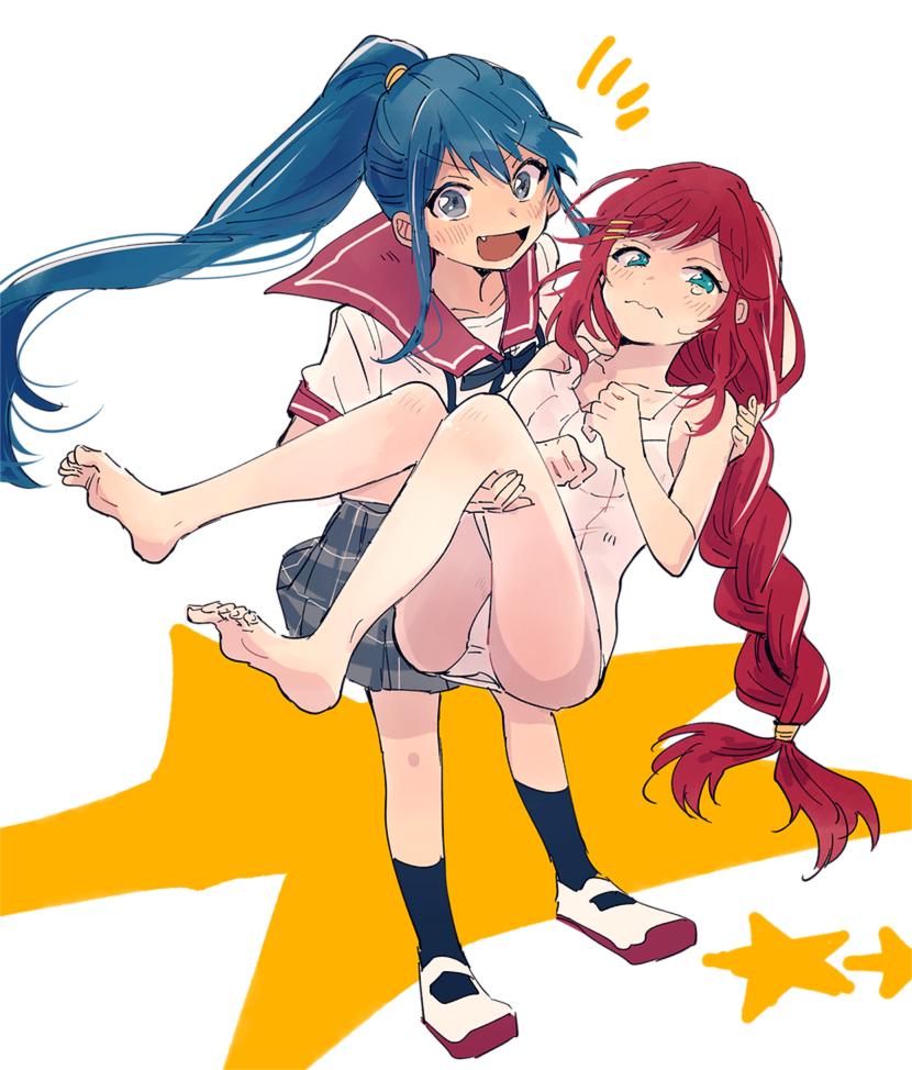 2girls, artist_request, blue_hair, blush, braid, carrying, ensemble_girls!, green_eyes