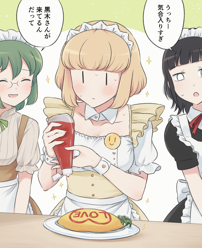 3girls, :d, :o, ^_^, alternate_costume, badge, black_hair, blonde_hair