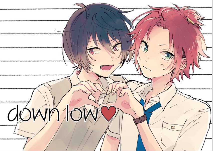 2boys, bangs_pinned_back, black_hair, ensemble_stars!, fang, green_eyes, heart, highres, isara_mao, male_focus, mitobinyo, multiple_boys, necktie, pink_hair, sakuma_ritsu, school_uniform, short_hair, smile, sweater_vest, yumenosaki_school_uniform