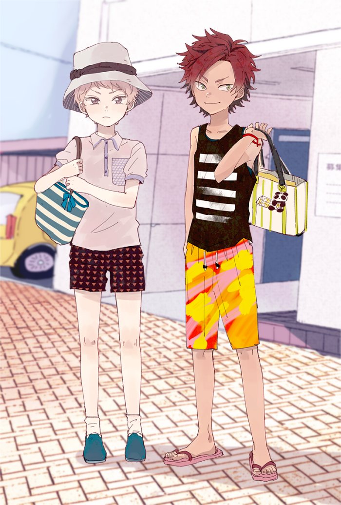 2boys, bag, child, day, ensemble_stars!, hat, itsuki_shu, kiryu_kuro, mitobinyo, multiple_boys, pink_hair, purple_eyes, red_hair, sandals, short_hair, shorts, smile, summer, swimsuit, aged_down