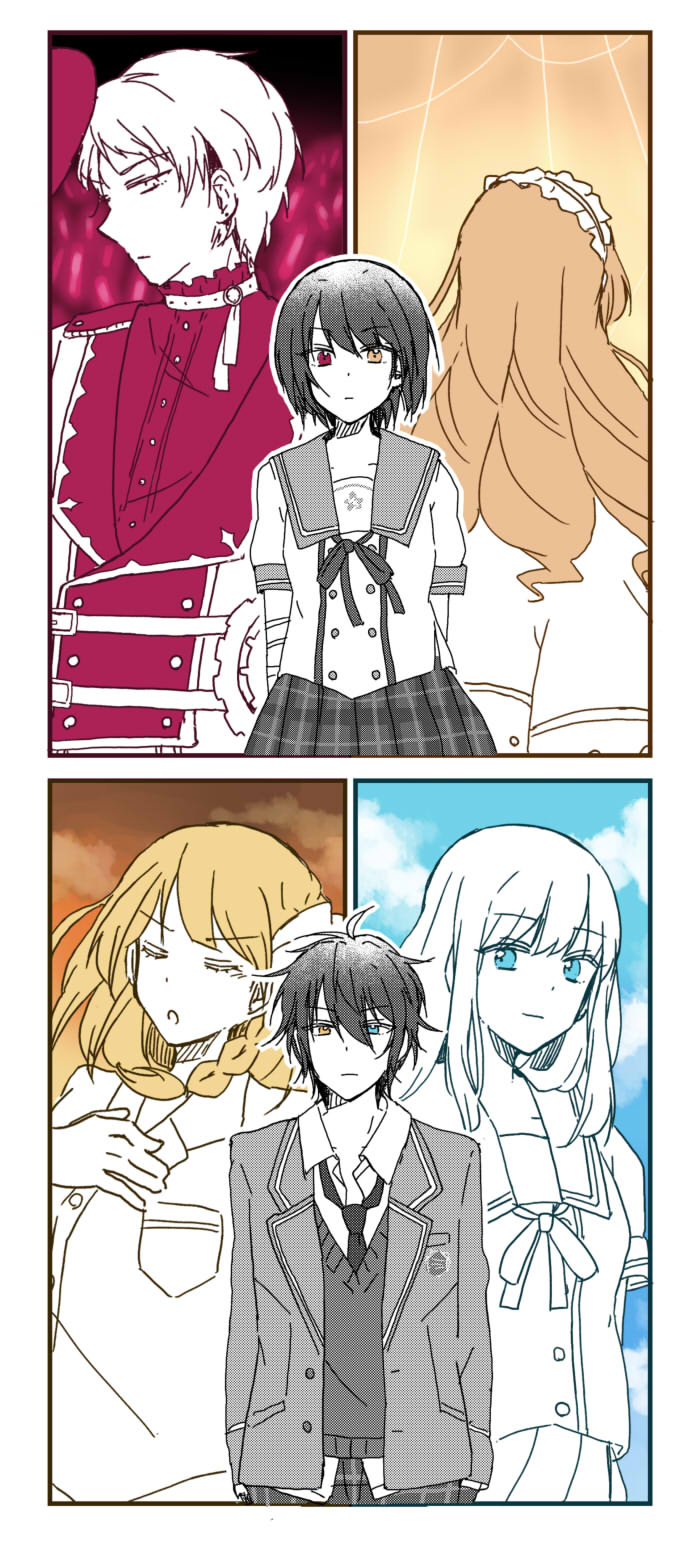 2boys, 4girls, anzu_(ensemble_stars!), aoi_(kirameitetegomen), black_hair, blazer, blonde_hair, braid