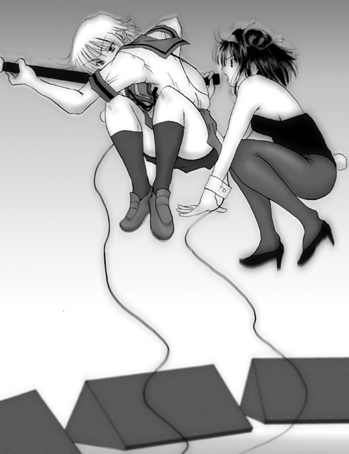 00s, 2girls, animal_ears, fake_animal_ears, female_focus, greyscale, guitar, high_heels