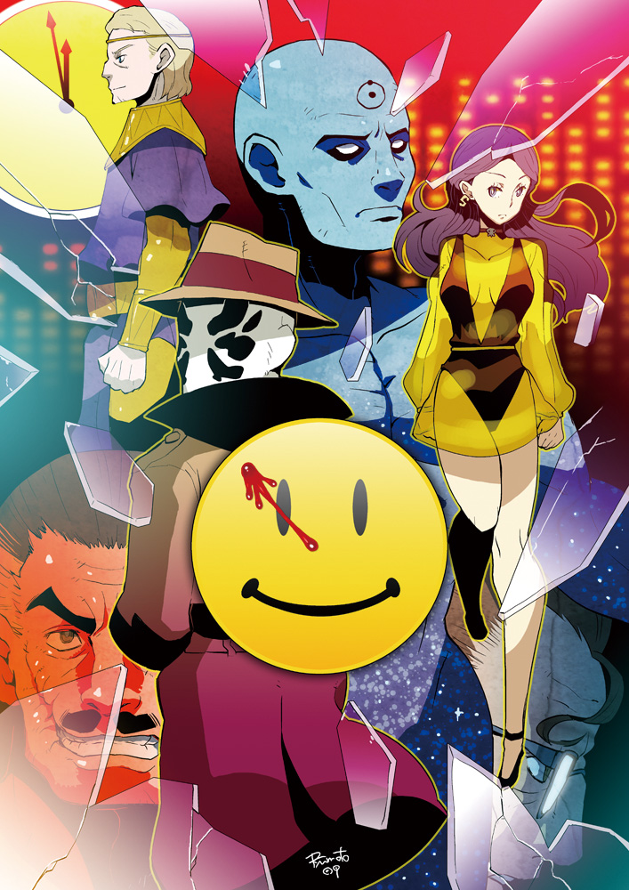 1girl, 5boys, coat, dc_comics, dr._manhattan, fedora, glasses, hat