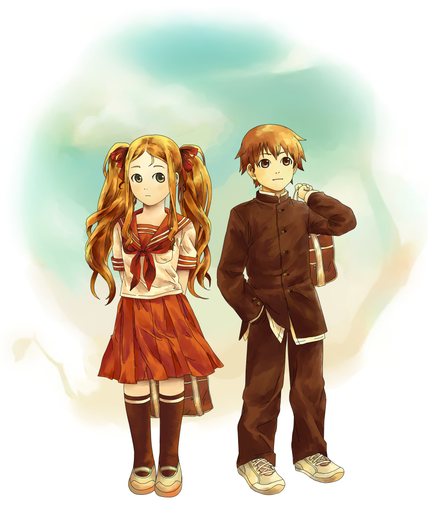 1boy, 1girl, absurdres, armor, bag, black_socks, blonde_hair, brown_eyes