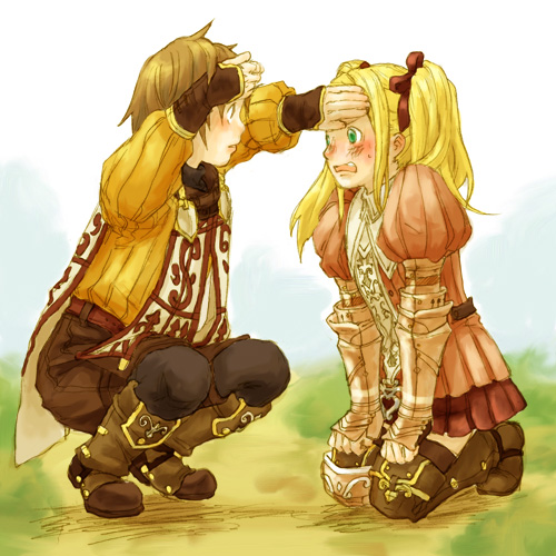 1boy, 1girl, armor, blonde_hair, brown_eyes, brown_hair, day, from_side