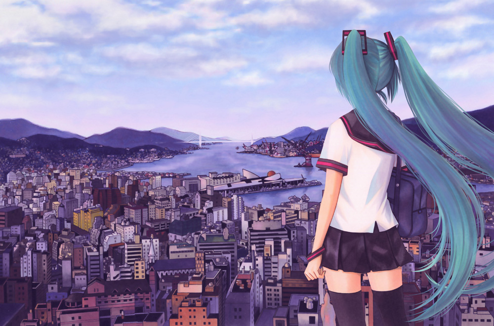 1girl, aqua_hair, bag, bridge, cityscape, female_focus, hatsune_miku, koto_fuzuki
