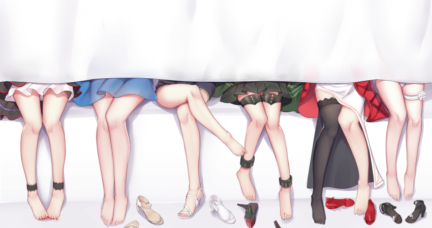 absurdres, anklet, bad_id, bad_pixiv_id, barefoot, black_footwear, black_legwear, crossed_legs, flower, formidable_(warship_girls_r), highres, jean.organ, jewelry, legs, lexington_(warship_girls_r), lower_body, missouri_(warship_girls_r), nail_polish, prince_of_wales_(warship_girls_r), red_footwear, rose, sandals, sitting, toenail_polish, toenails, toes, under_table, unworn_sandals, warship_girls_r, white_flower, white_footwear, white_rose, wisconsin_(warship_girls_r), zuikaku_(warship_girls_r)