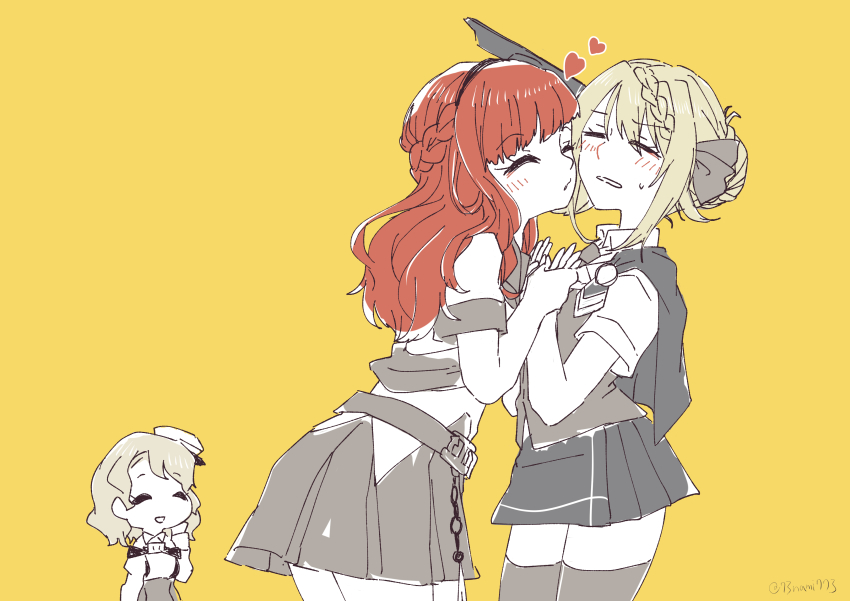 3girls, :d, absurdres, anchor, asymmetrical_bangs, beret, blush, bow