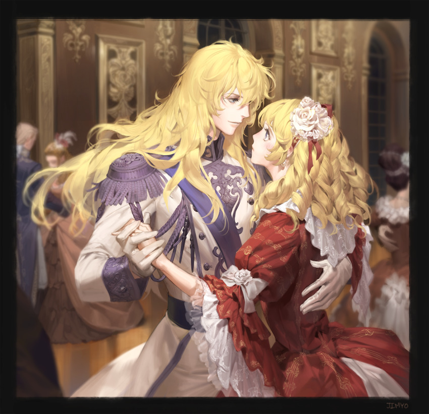 2girls, androgynous, ballroom, blonde_hair, blurry, blurry_background, closed_mouth, dancing, depth_of_field, dress, earrings, epaulettes, flower, framed_image, gloves, gown, hair_between_eyes, hair_flower, hair_ornament, hairband, holding_hands, jewelry, jimyo, long_hair, long_sleeves, multiple_girls, oscar_francois_de_jarjayes, profile, red_dress, rosalie_lamorliere, rose, uniform, versailles_no_bara, very_long_hair, white_flower, white_gloves, white_rose, wide_sleeves, yuri