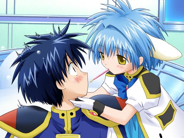 00s, 1boy, 1girl, animal_ears, blue_hair, blush, broccoli_(company), flying_sweatdrops, food, galaxy_angel, game_cg, gloves, kanan, mint_blancmanche, pocky, pocky_kiss, shared_food, short_hair, takuto_meyers, yellow_eyes