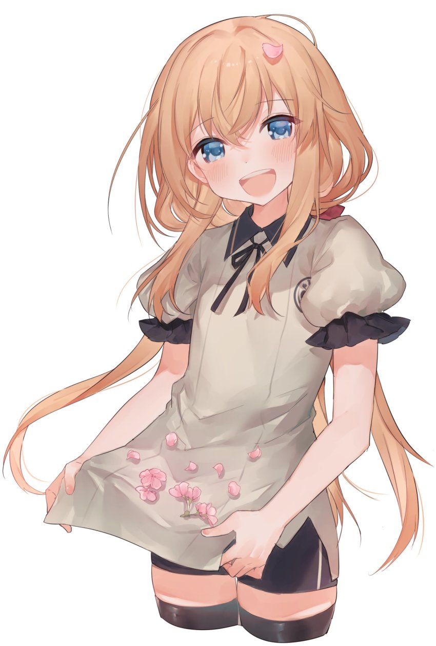 1boy, absurdres, agenasumiso51, black_thighhighs, blonde_hair, blue_eyes, blush, cherry_blossoms, clothes_lift, cropped_legs, flower, highres, long_hair, male_focus, midare_toushirou, open_mouth, petals, ponytail, shirt_lift, short_sword, smile, solo, sword, tantou, thighhighs, touken_ranbu, weapon, white_background