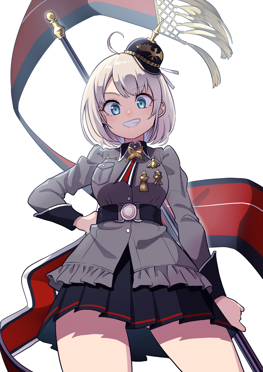 1girl, absurdres, ahoge, banner, belt, blue_eyes, c-93_(girls'_frontline), combat_helmet, commentary_request, dia_(yvirus68), female_focus, girls'_frontline, grin, hat, helmet, highres, korean_commentary, medal, military, military_hat, military_uniform, pickelhaube, pleated_skirt, silver_hair, skirt, smile, solo, white_background
