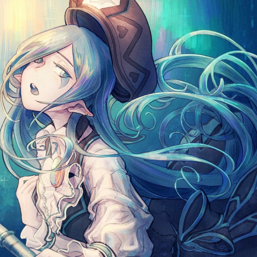 1girl, black_skirt, blue_eyes, blue_hair, blue_skirt, brooch, collared_shirt, earrings