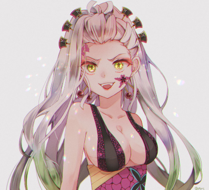 1girl, :d, bad_id, bad_pixiv_id, breasts, canary999, cleavage, collarbone, daki_(kimetsu_no_yaiba), female_focus, floating_hair, gradient_hair, green_hair, grey_background, hair_ornament, hairpin, highres, kimetsu_no_yaiba, long_hair, looking_at_viewer, medium_breasts, multicolored_hair, open_mouth, shiny_skin, sideboob, silver_hair, simple_background, smile, solo, twitter_username, upper_body, very_long_hair, yellow_eyes