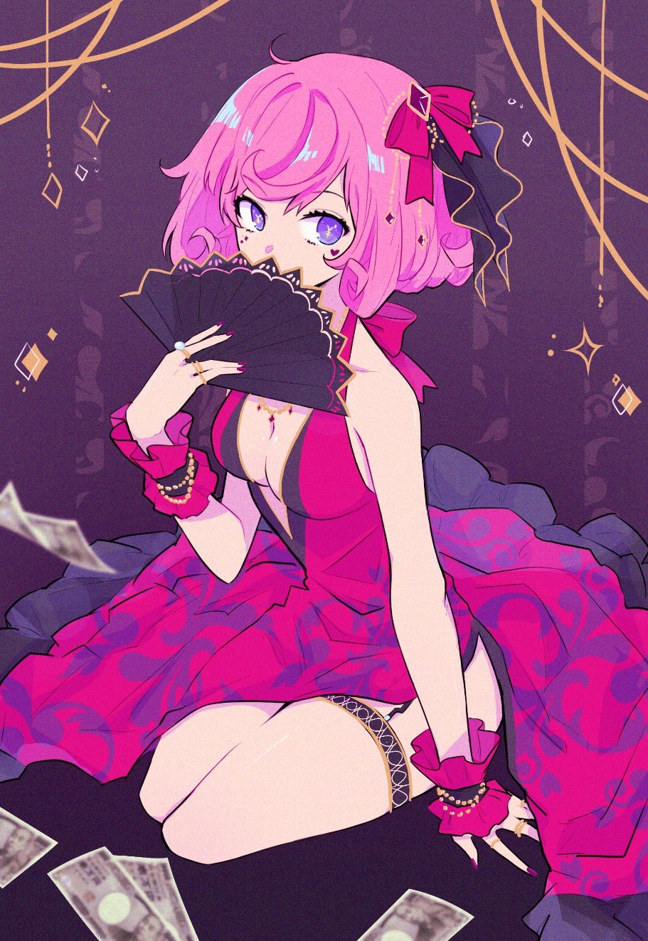 1girl, bad_id, bad_pixiv_id, bow, breasts, cleavage, dress, fan_over_face