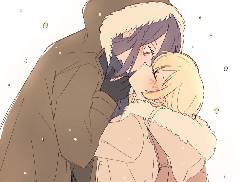 2girls, bag, bang_dream!, bang_dream!_girls_band_party!, black_gloves, blonde_hair, blue_scarf, blush