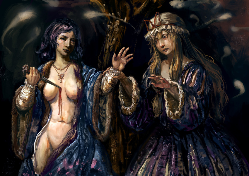 2girls, alternate_costume, amibazh, blood, blood_drip, blood_stain, bloody_weapon, blue_coat, blue_eyes, bow, breasts, butterfly_pendant, cherry_blossom_print, coat, collarbone, commentary_request, crying, crying_with_eyes_open, dress, expressionless, fine_art_parody, floral_print, fur_trim, gem, gradient_hair, hair_between_eyes, hair_bow, hat, hat_ribbon, highres, hip_focus, hitodama, holding_another's_wrist, jewelry, lips, lipstick, long_hair, looking_at_another, makeup, medium_breasts, mob_cap, multicolored_hair, multiple_girls, navel, necklace, no_bra, no_panties, nose, open_clothes, open_hand, parody, parody_request, parted_bangs, parted_lips, pearl_(gemstone), pearl_necklace, pendant, purple_dress, purple_eyes, purple_hair, red_lips, red_ribbon, ribbon, sad, saigyouji_yuyuko, short_hair, sidelocks, stake, stomach, streaming_tears, suicide, tears, teeth, texture, thighs, touhou, tree, very_long_hair, wavy_hair, weapon, white_headwear, white_sleeves, yakumo_yukari