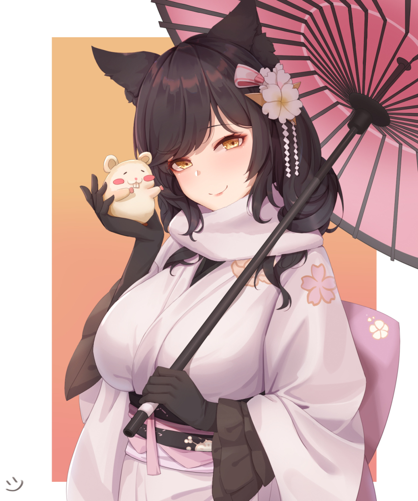 1girl, animal_ears, atago_(azur_lane), azur_lane, black_gloves, black_hair, breasts, commentary, female_focus, flower, fox_ears, gloves, hair_flower, hair_ornament, highres, holding, holding_mouse, holding_umbrella, japanese_clothes, kimono, large_breasts, long_hair, long_sleeves, looking_at_viewer, mouse_(animal), scarf, solo, umbrella, wei_xiao, white_flower, white_kimono