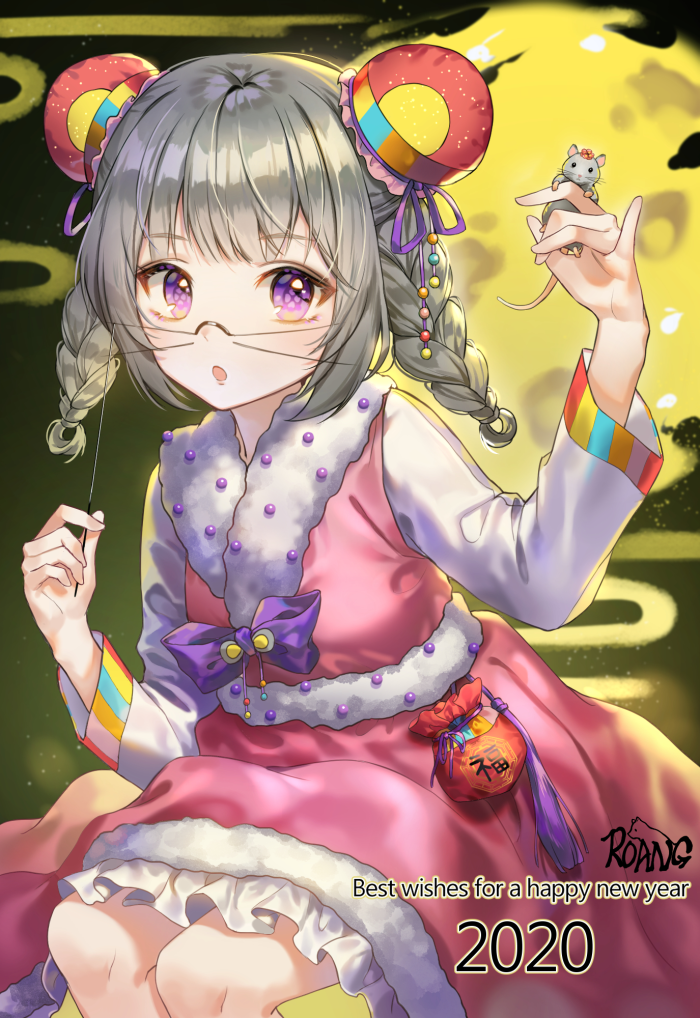 1girl, 2020, :o, animal, animal_ears, artist_name, braid, cheese, commentary_request, female_focus, food, grey_hair, happy_new_year, holding, holding_animal, holding_mouse, long_sleeves, looking_at_viewer, medium_hair, moon, mouse_(animal), mouse_ears, new_year, original, purple_eyes, roang, sitting, solo, tagme, twin_braids