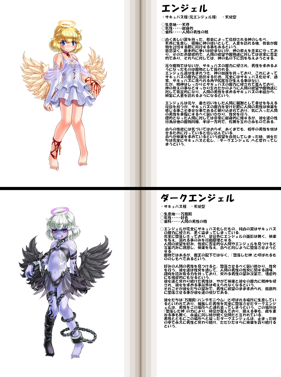 2girls, angel, angel_(monster_girl_encyclopedia), angel_wings, bare_shoulders, barefoot, blonde_hair, blue_eyes