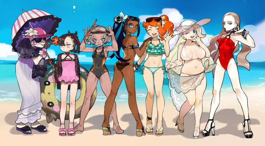6+girls, ass, barefoot, bea_(pokemon), beach, bikini, bikini_top_only, blue_sky, breasts, cleavage, cloud, covered_navel, dark-skinned_female, dark_skin, day, eyewear_on_head, female_focus, flip-flops, flower, frilled_bikini, frilled_swimsuit, frills, full_body, gen_8_pokemon, gluteal_fold, gym_leader, hair_flower, hair_ornament, hat, high_heel_sandals, high_heels, highres, innertube, large_breasts, lineup, looking_at_viewer, marnie_(pokemon), mature_female, melony_(pokemon), morpeko, morpeko_(full), multiple_girls, nail_polish, natsuko_(summer_525528), navel, nessa_(pokemon), nintendo, ocean, old, old_woman, oleana_(pokemon), one-piece_swimsuit, opal_(pokemon), outdoors, pale_skin, platform_footwear, platform_heels, plump, pokemon, pokemon_(creature), pokemon_sword_and_shield, sandals, sarong, shoes, side_ponytail, sky, small_breasts, snorkel, sonia_(pokemon), standing, stomach, sun_hat, sunglasses, sunglasses_on_head, swim_ring, swimsuit, themed_object, thigh_gap, umbrella