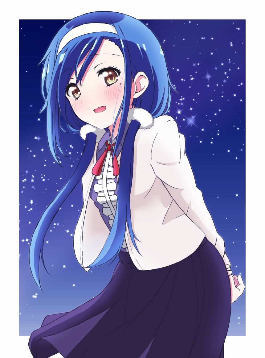 1girl, arms_behind_back, blue_hair, blue_sky, blush, bokutachi_wa_benkyou_ga_dekinai, brown_eyes, coat, female_focus, furuhashi_fumino, hairband, long_hair, looking_at_viewer, mole, mole_under_eye, night, open_mouth, outdoors, shiroki_yuu, shirt, simple_background, skirt, sky, smile, solo, standing, white_coat, white_hairband