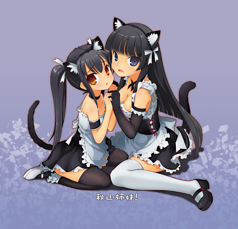 00s, 2girls, akiyama_mio, alternate_costume, animal_ears, breasts, cat_ears, cat_tail