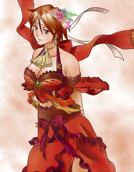 1girl, alternate_costume, arms_behind_back, ascot, bare_shoulders, blue_eyes, bow, breasts, brown_hair, cleavage, closed_mouth, dress, earrings, female_focus, flower, frilled_dress, frills, hair_between_eyes, hair_flower, hair_ornament, headband, jewelry, kanakoz, kirishima_kanna, pink_flower, pink_rose, purple_bow, purple_ribbon, red_dress, red_ribbon, ribbon, rose, sakura_taisen, short_hair, sleeveless, sleeveless_dress, solo, white_headband