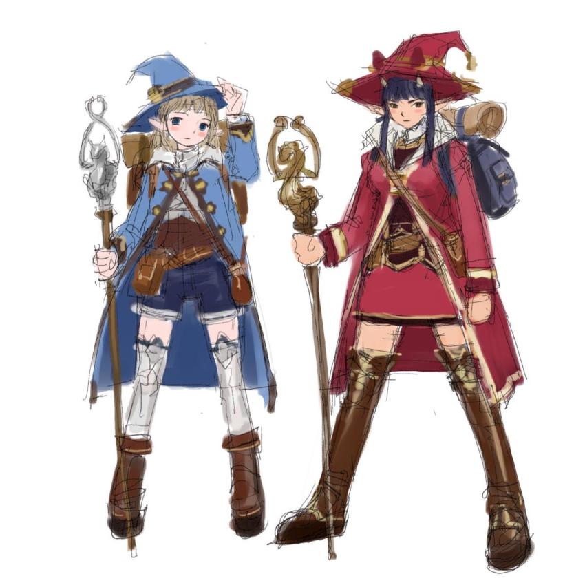 2girls, backpack, bag, black_hair, blonde_hair, blue_eyes, boots, brown_eyes, coats, elf, hat, highres, horns, kneehighs, multiple_girls, pointy_ears, shorts, skirt, socks, staff, tank-kun, witch_hat