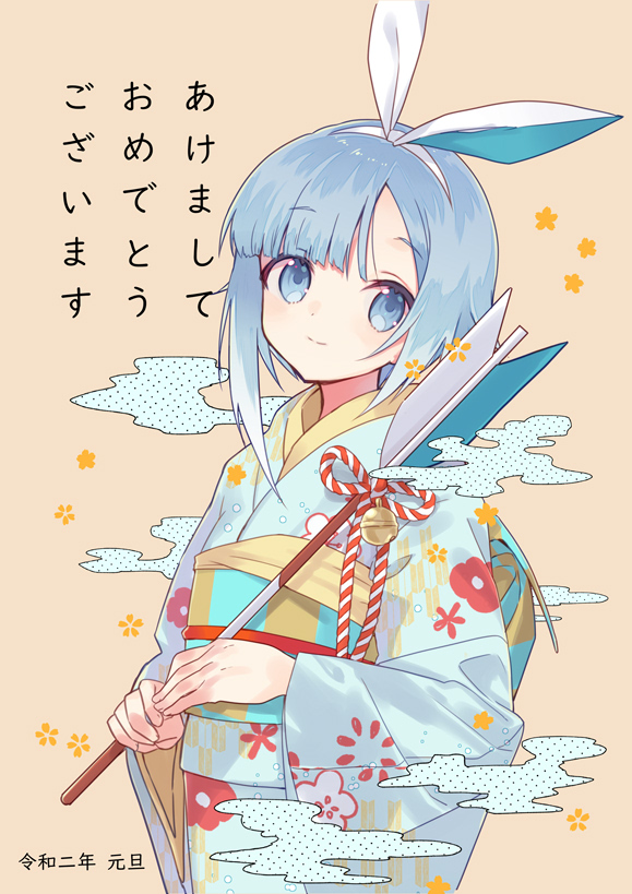 1girl, arrow_(projectile), bell, blue_eyes, blue_hair, blue_kimono, brown_background, closed_mouth