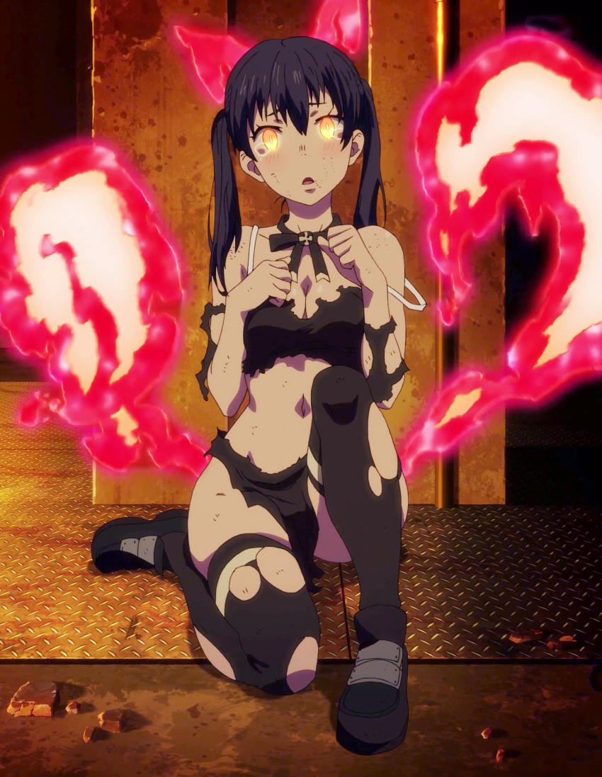 1girl, absurdres, animal_ears, black_hair, blush, breasts, bright_pupils, cat_ears, cat_tail, cleavage, clenched_hands, embarrassed, en'en_no_shouboutai, facing_viewer, female_focus, fire, floor, full_body, glowing, glowing_eyes, hair_between_eyes, hands_up, highres, indoors, long_hair, looking_at_viewer, medium_breasts, midriff, multiple_tails, navel, off_shoulder, on_floor, open_mouth, partially_undressed, pink_fire, red_fire, ribbon, room, screencap, shadow, shirt, shoes, sitting, slit_pupils, solo, strap_slip, tail, tamaki_kotatsu, tears, thighhighs, tongue, torn_clothes, torn_shirt, torn_thighhighs, twintails, white_pupils, wide-eyed, yellow_eyes