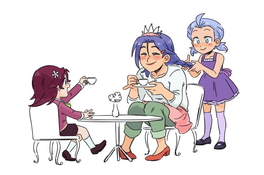 1boy, 2girls, ^_^, alternate_universe, black_footwear, blue_hair, blush, braid