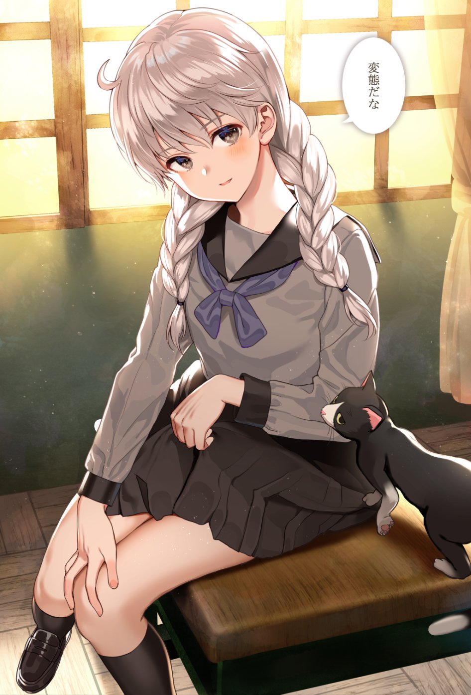 1boy, blush, braid, cat, classroom, clothes_lift, crossdressing, crossdressing_(mtf), desk, grey_eyes, highres, juusan_kihei_bouei_ken, long_hair, long_sleeves, looking_at_viewer, male_focus, nishizawa, okino_tsukasa, on_desk, open_mouth, pleated_skirt, school_uniform, serafuku, silver_hair, sitting, skirt, skirt_lift, smile, solo, trap, twin_braids