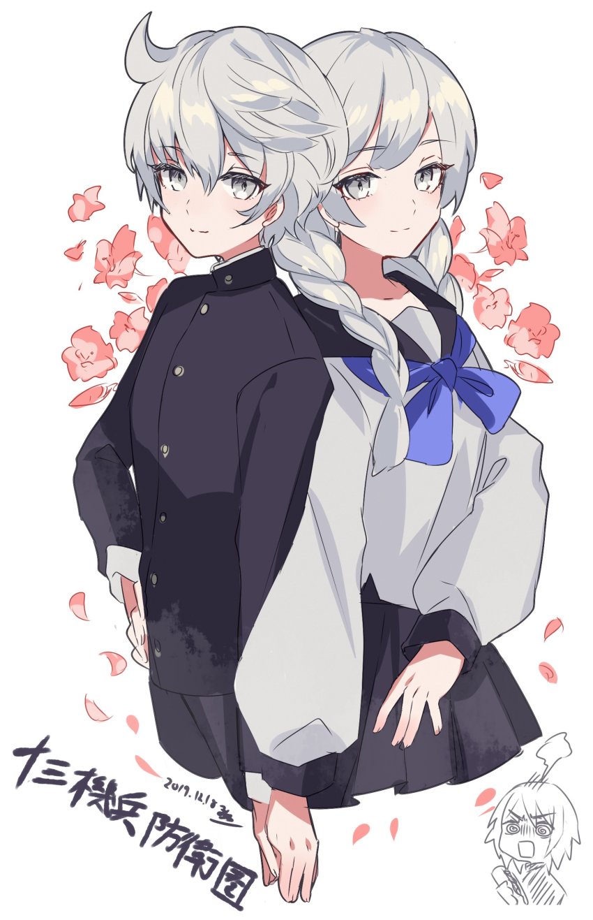 2boys, absurdres, alternate_costume, blush, braid, crossdressing, crossdressing_(mtf), grey_eyes