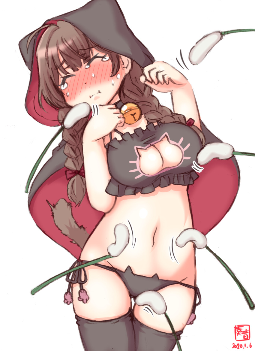 1girl, alternate_costume, animal_ears, artist_logo, bell, black_bra, black_capelet, black_panties