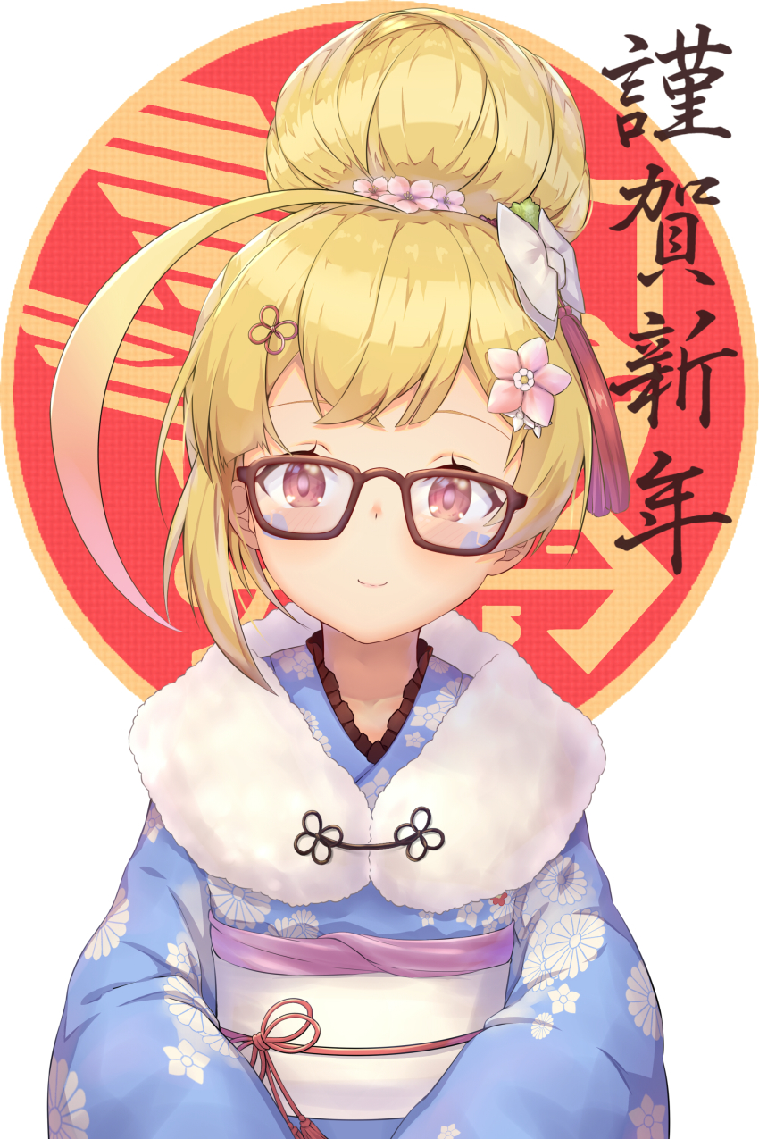 1girl, absurdres, ahoge, azur_lane, blonde_hair, blue_kimono, blush, bow