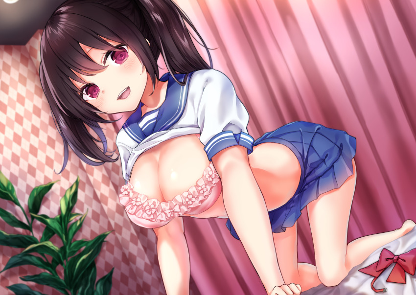 1girl, all_fours, argyle, barefoot, black_hair, blue_skirt, bow, bowtie