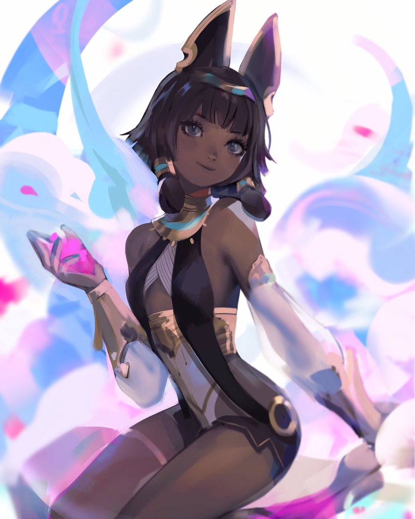1girl, ancient_egyptian_clothes, bare_shoulders, black_hair, breasts, dark-skinned_female, dark_skin, dragalia_lost