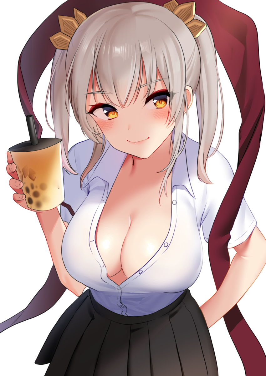 1girl, akagi_kurage, breasts, bubble_tea, cleavage, contemporary, cup, disposable_cup