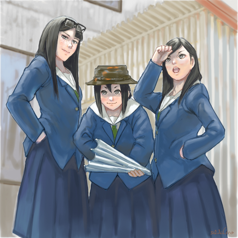 3girls, :o, a_ichiro, asakusa_midori, black-framed_eyewear, black_hair, eizouken_ni_wa_te_wo_dasu_na!, eyewear_on_head