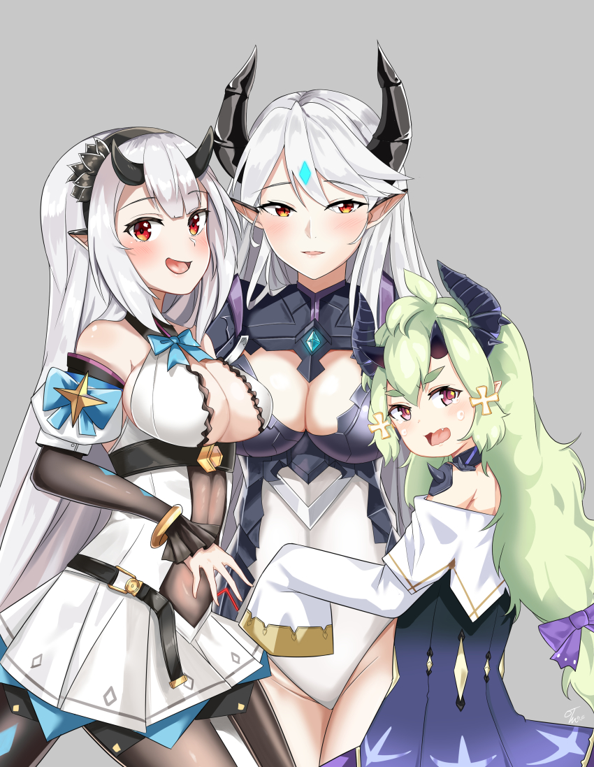 +_+, 3girls, :d, absurdres, alencia_(epic_seven), armored_leotard, aunt_and_niece, black_hairband