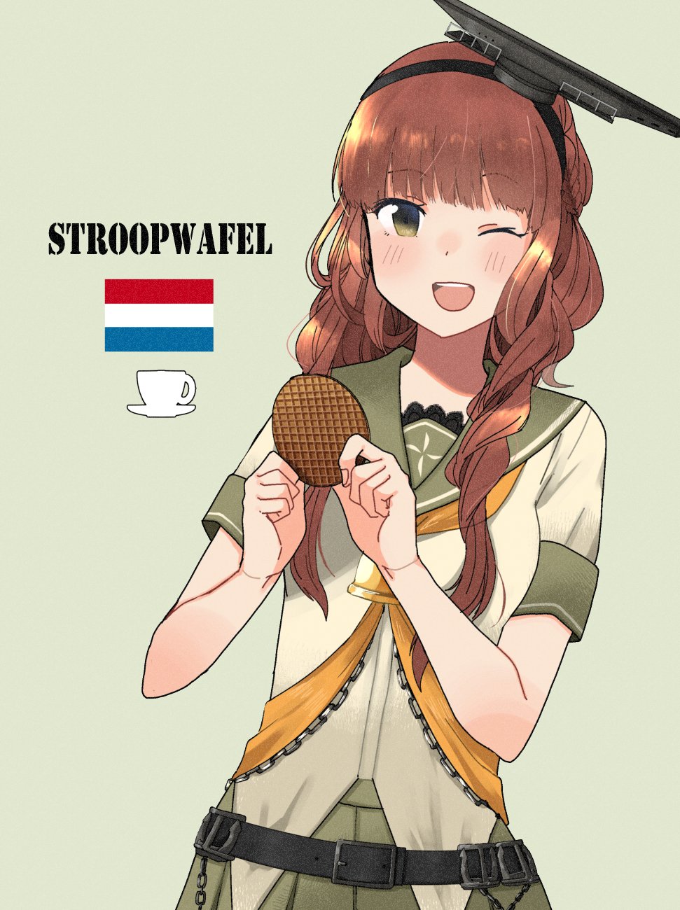 1girl, annin_musou, bell, belt, black_belt, blunt_bangs, blush, chain, de_ruyter_(kancolle), dutch_flag, female_focus, food, green_eyes, green_sailor_collar, green_skirt, hairband, headgear, highres, holding, holding_food, kantai_collection, long_hair, one_eye_closed, open_mouth, orange_neckwear, red_hair, sailor_collar, school_uniform, serafuku, short_sleeves, simple_background, skirt, solo, stroopwafel, wafer