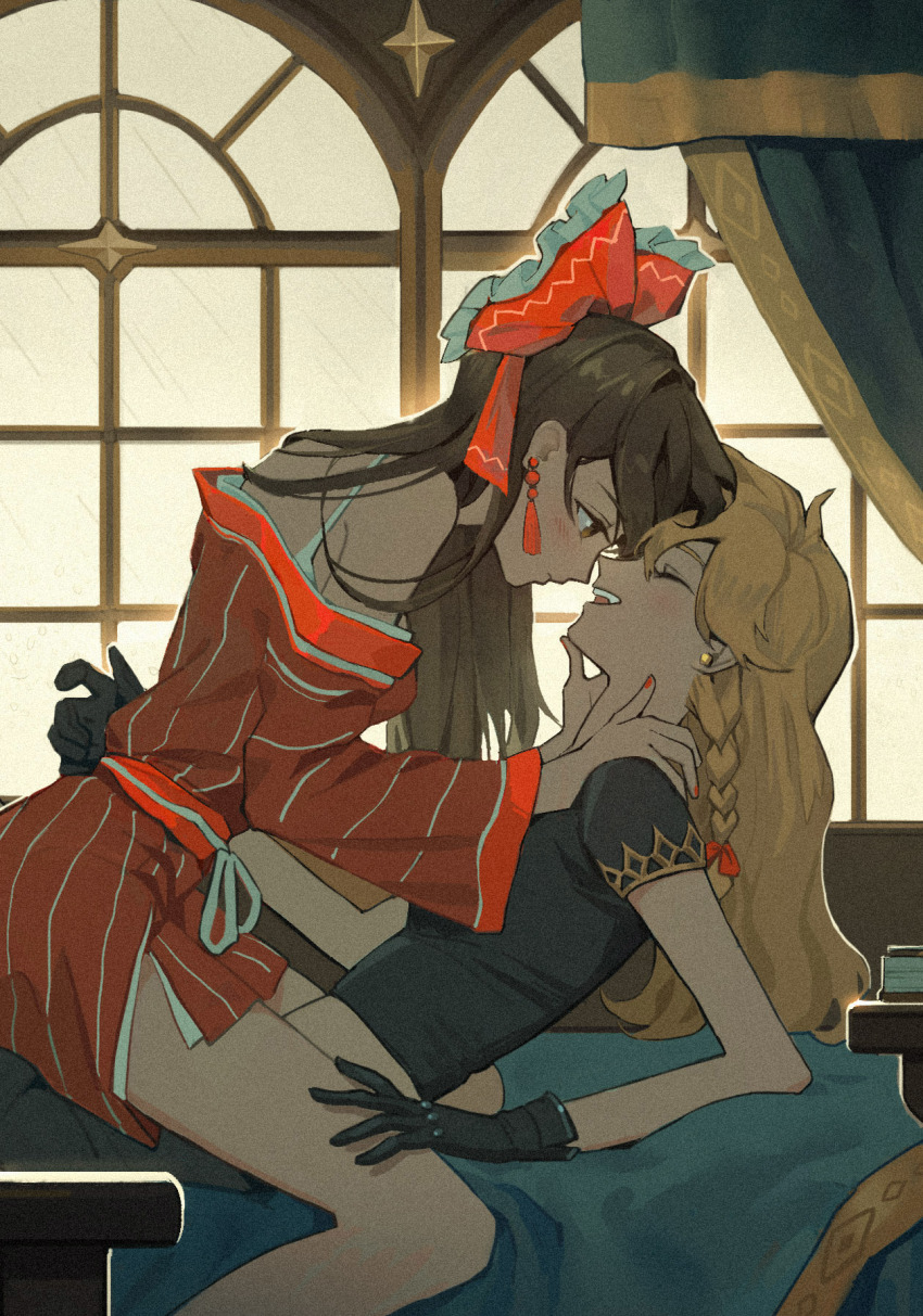 2girls, alternate_costume, black_gloves, black_hair, black_shirt, black_shorts, blonde_hair, blush