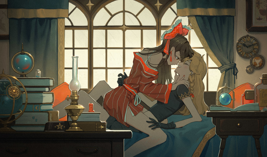 2girls, absurdres, alternate_costume, bare_legs, bare_shoulders, black_gloves, black_hair, black_shirt