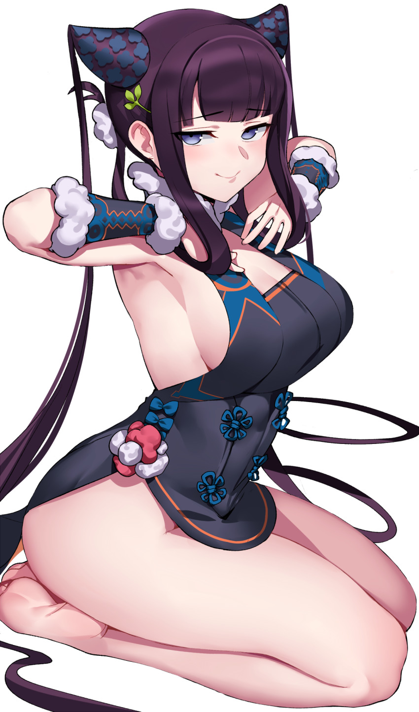 1girl, armpits, barefoot, black_dress, blue_eyes, blunt_bangs, blush, breasts