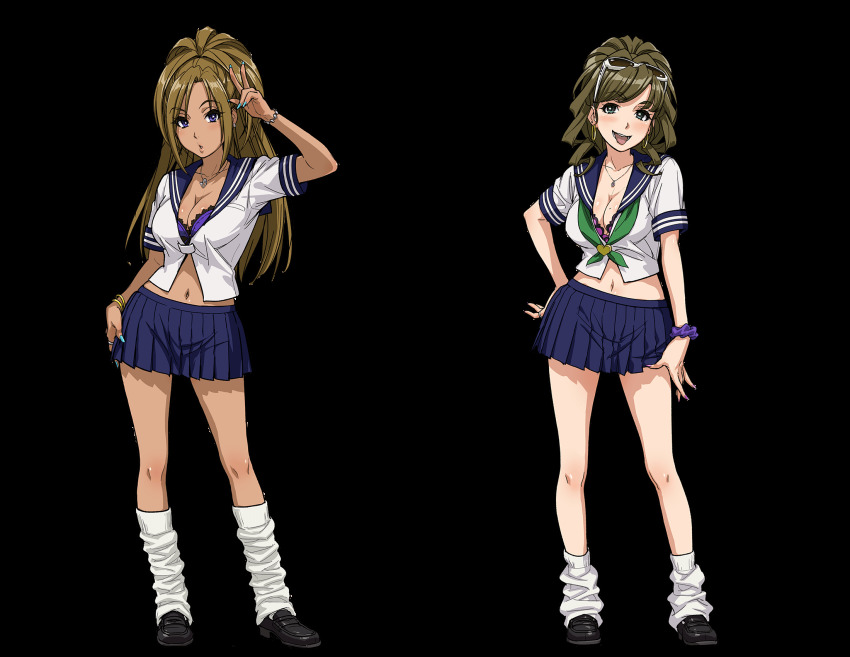 10s, 2girls, aqua_eyes, bra, bra_peek, bracelet, breasts, brown_hair