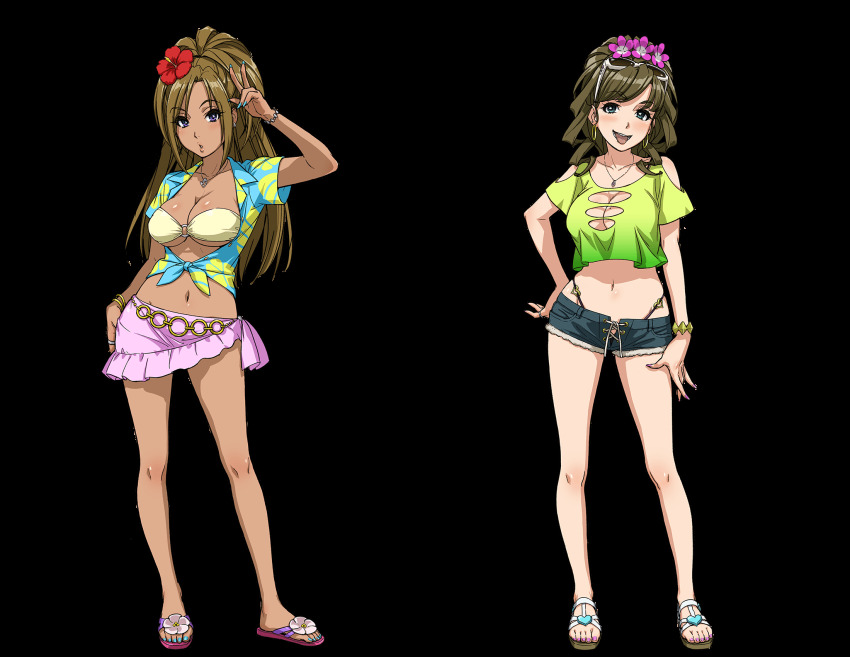 10s, 2girls, aqua_eyes, bikini, bracelet, breasts, brown_hair, cleavage