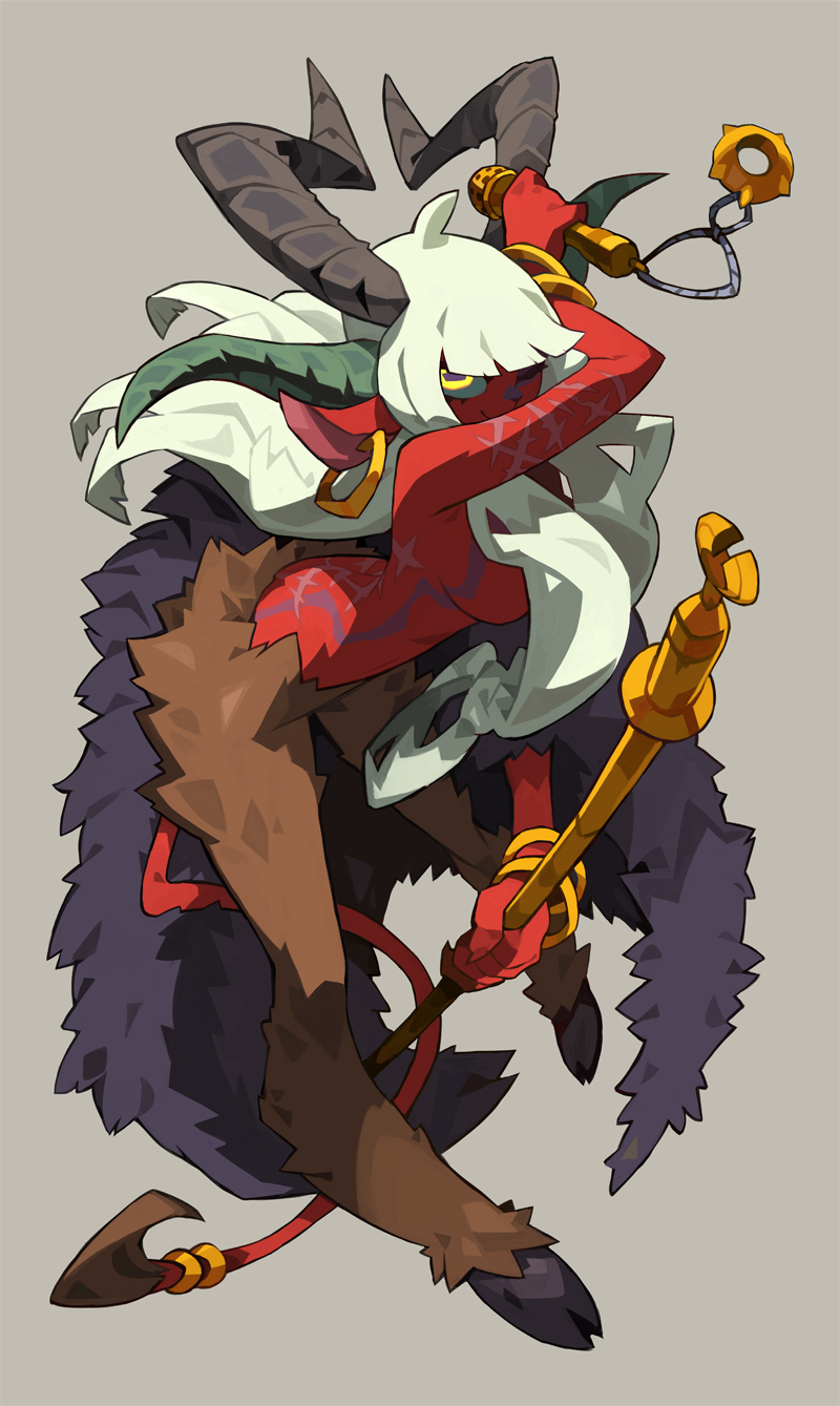 1girl, ahoge, baphomet_(niking), blunt_bangs, bracelet, colored_skin, demon_girl, earrings