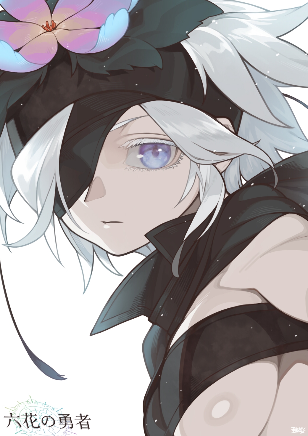 1girl, bad_id, bad_pixiv_id, blue_eyes, blue_flower, closed_mouth, female_focus, flamie_speeddraw